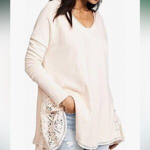 Free People Cream No Frills Oversized Lace Insert Tunic Sweatshirt M
